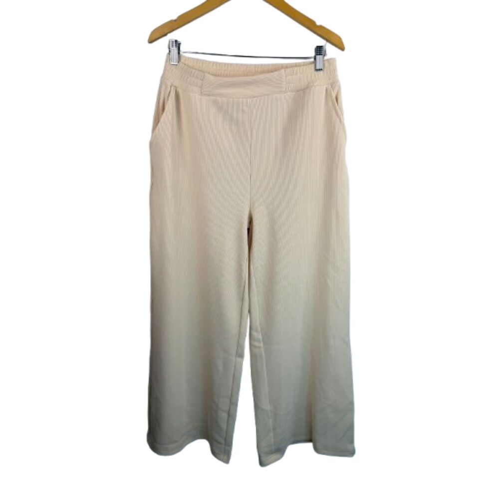 Zenana Ribbed Beige Cream Lounge Wide-Leg Pants Size L NWOT